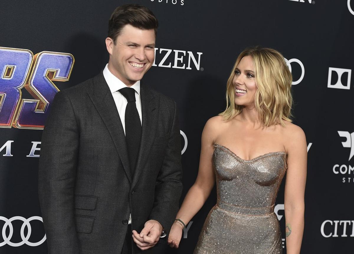 FILE - In this April 22, 2019, file photo, Colin Jost, left, and Scarlett Johansson arrive at the premiere of Avengers: Endgame at the Los Angeles Convention Center. Wedding bells are in the future for actress Scarlett Johansson and Saturday Night Live’s Colin Jost. Johansson’s publicist Marcel Pariseau tells The Associated Press Sunday, May 19, 2019, that the private couple is officially engaged after two years of dating. Pariseau says no date has been set for the nuptials. (Photo by Jordan Strauss/Invision/AP, File)