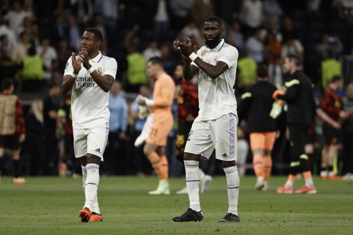 Antonio Rudiger y David Alaba en un partido de Liga de Campeones con el Real Madrid.