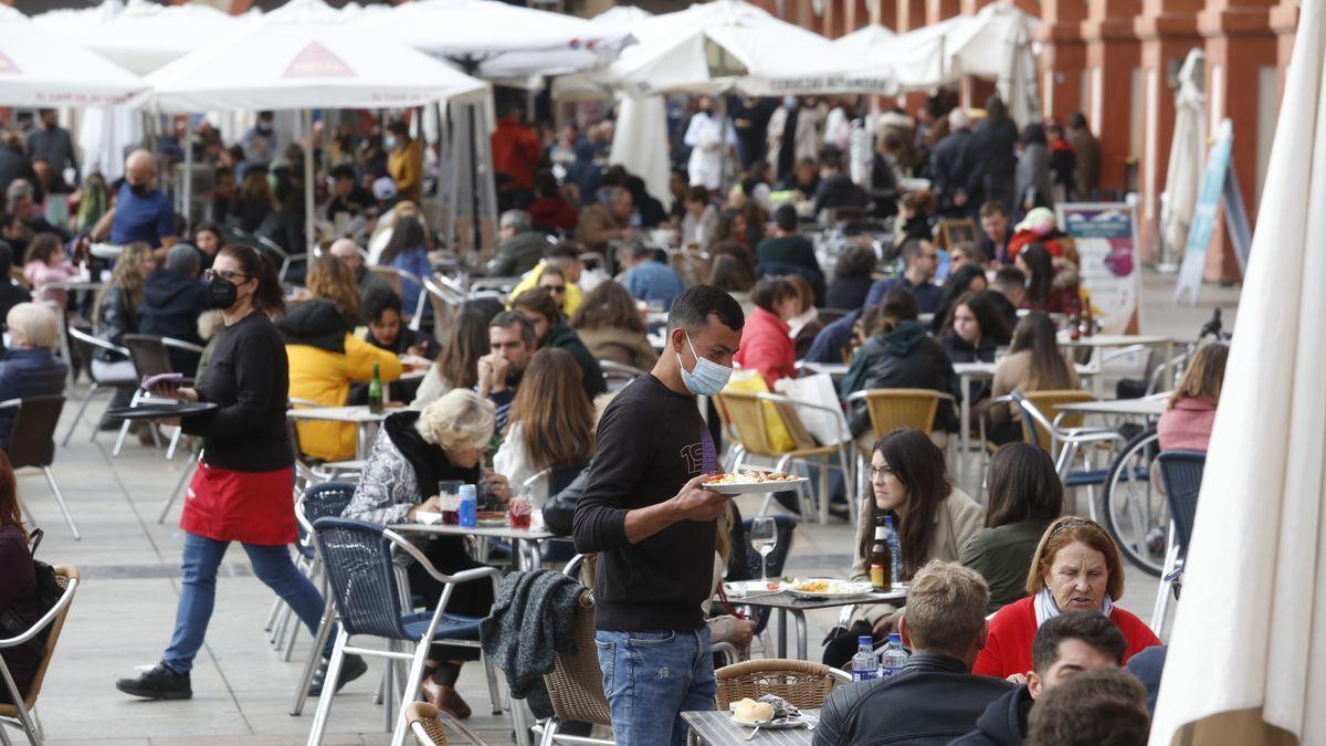 Varios camareros atienden en locales de hostelería de la plaza de la Corredera.