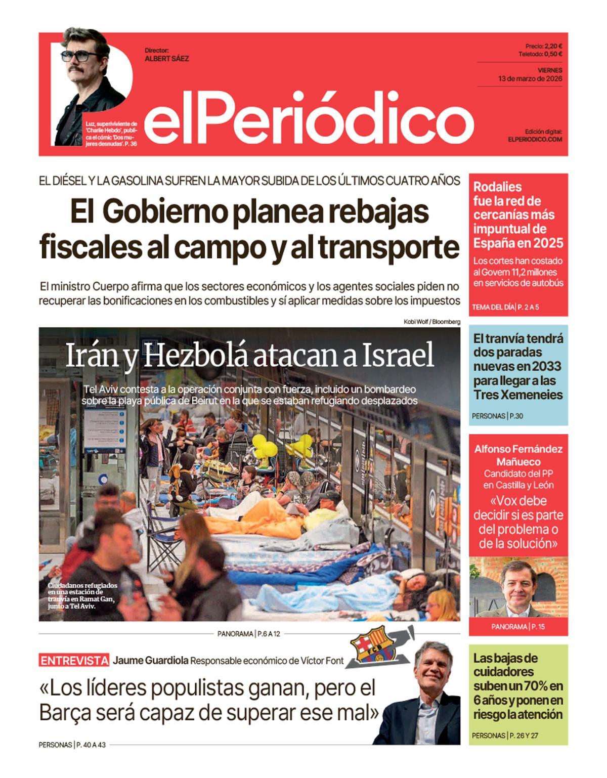 La portada de EL PERIÓDICO del 13 de marzo de 2026