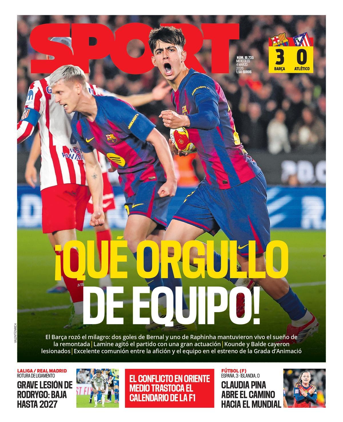 Esta es la portada de SPORT de hoy, miércoles 4 de marzo de 2026