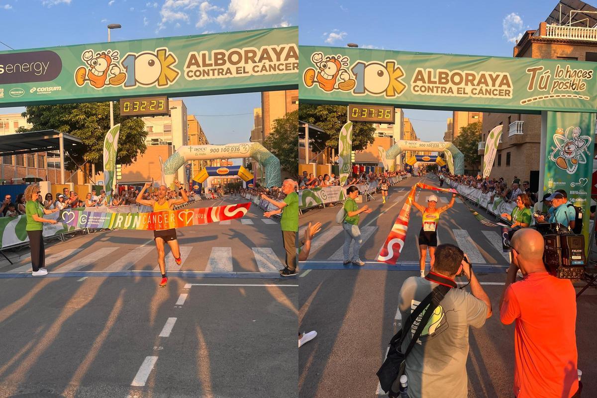 Xevi Lluch y Elia Fuentes, ganadores de su respectiva categoria, celebrando al llegar a la meta