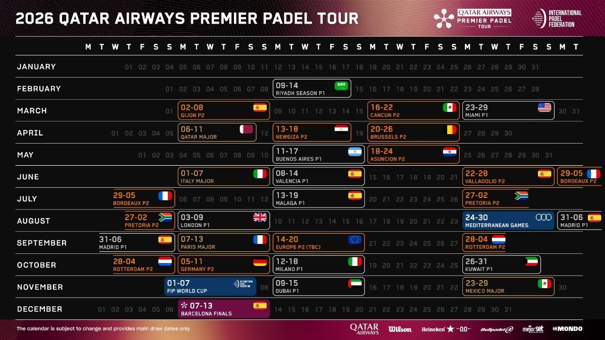 El calendario completo de Premier Padel para 2026