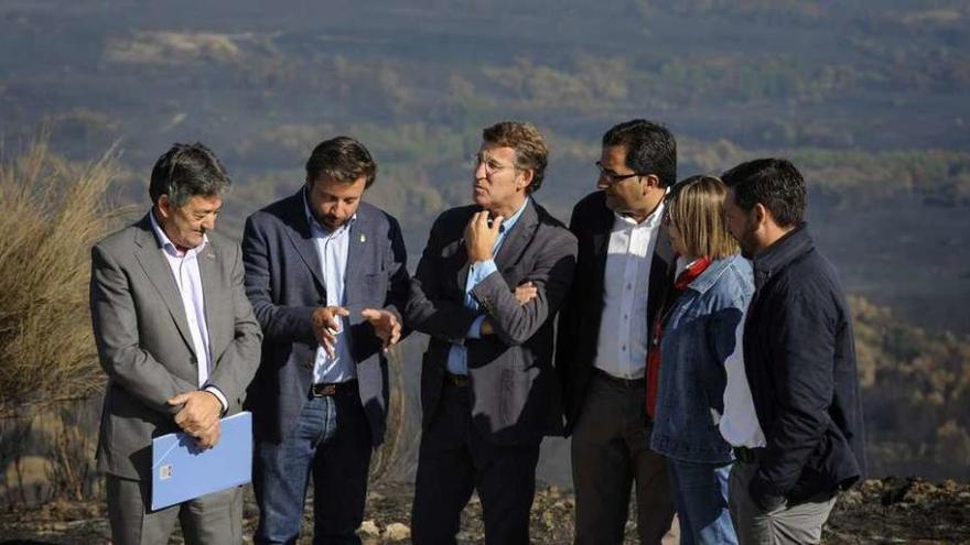 Feijóo y la conselleira Rosa Quintana visitaron la zona quemada con los alcaldes de los cuatro concellos afectados. // Brais Lorenzo