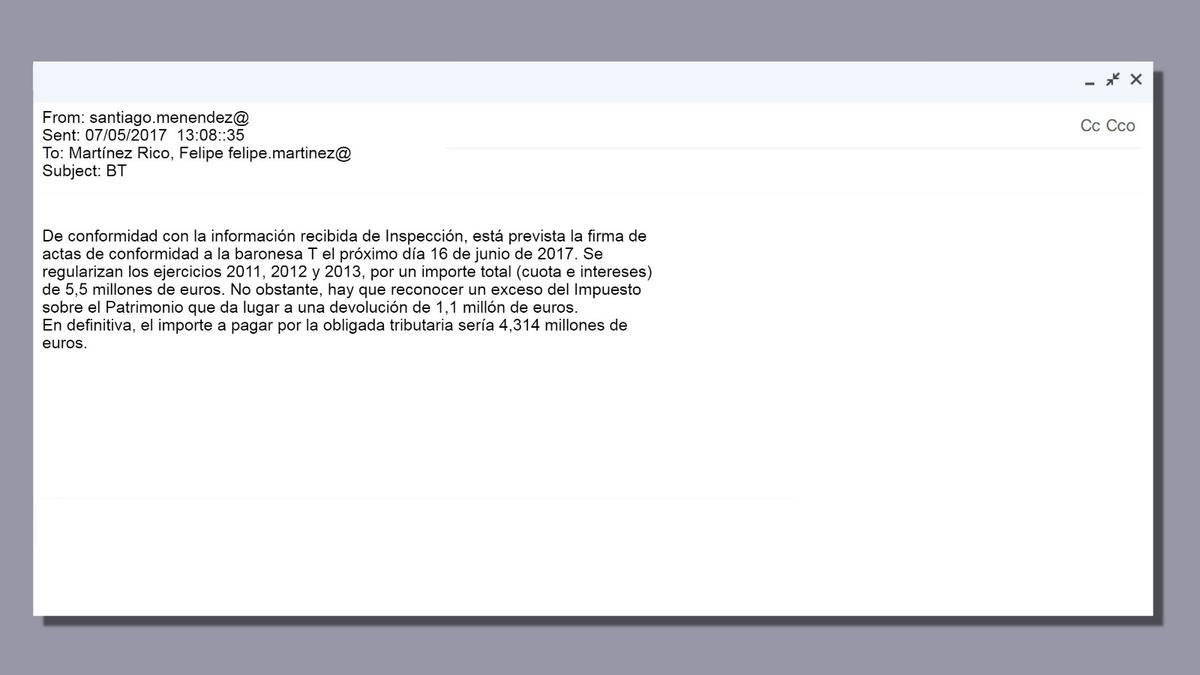 Recreación de un correo electrónico de la cúpula de Hacienda sobre la Baronesa Thyssen