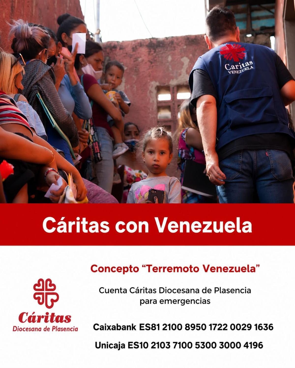 Cartel con los números de cuenta para colaborar con Venezuela desde Plasencia.