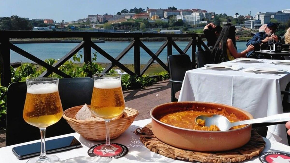 La terraza de Oleiros con vistas a la ría de O Burgo, con su famoso arroz en primer plano.