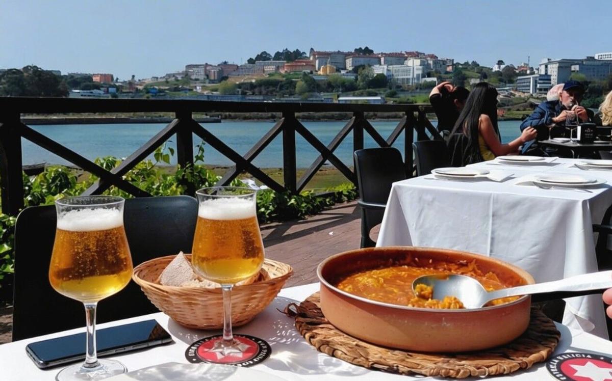 La terraza de Oleiros con vistas a la ría de O Burgo, con su famoso arroz en primer plano.
