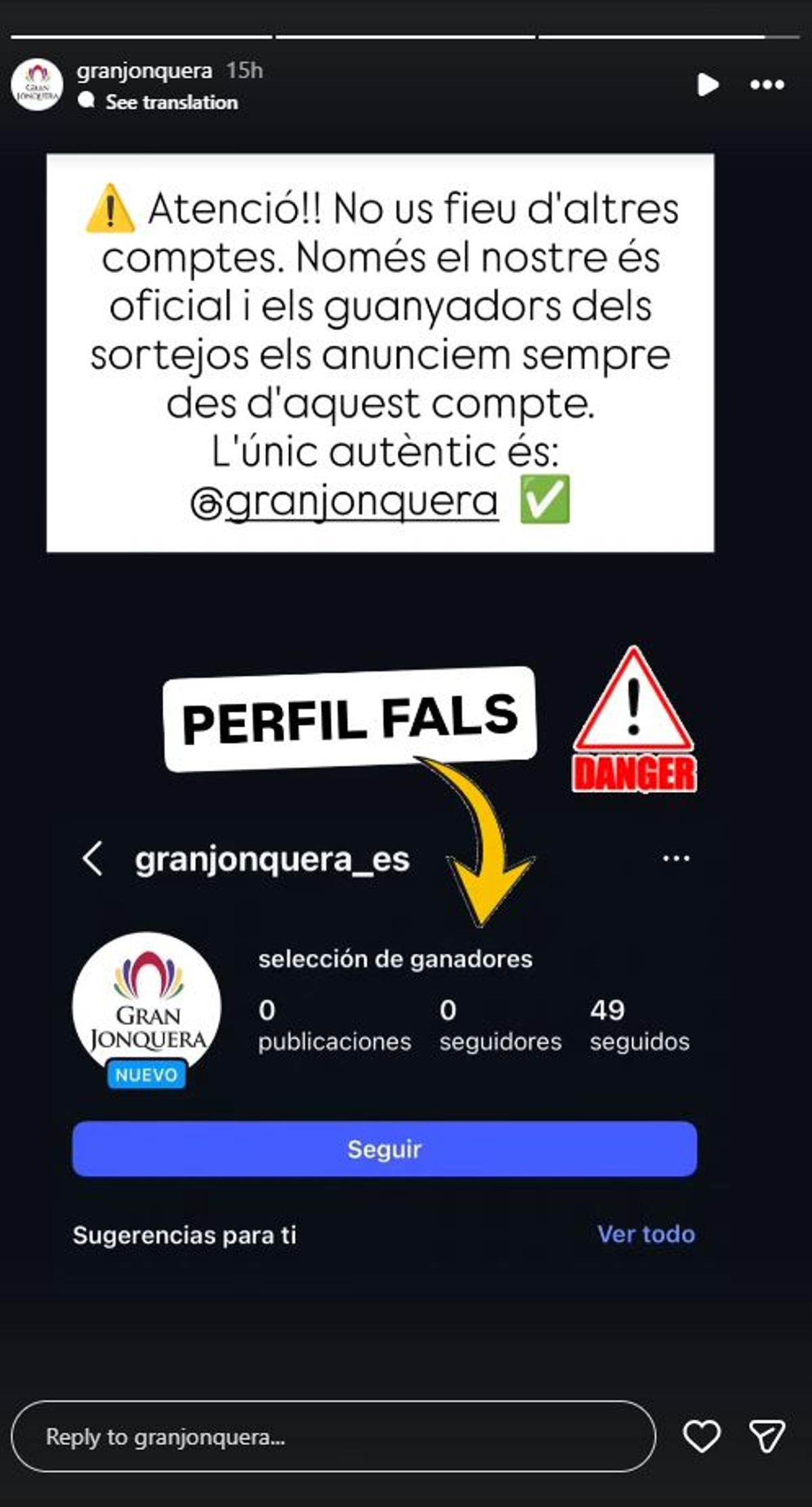 La storie d'Instagram on s'anuncia la suplantació.