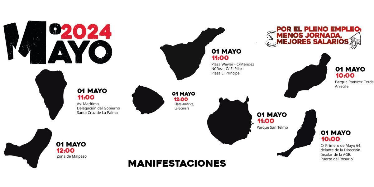 Localización de las movilizaciónes de este Primero de Mayo en Canarias.
