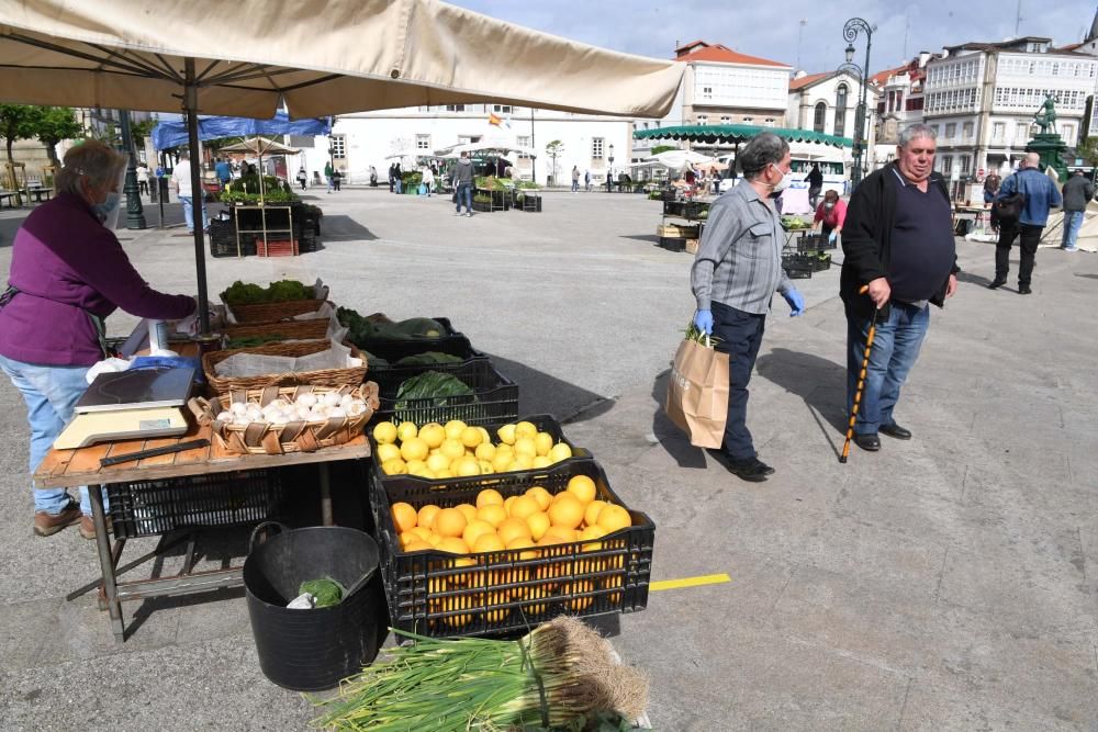 Una docena de vendedores de productos agroalimentarios de toda la comarca coruñesa acudieron a la plaza Irmáns García Naveira de Betanzos en el primer mercado semanal desde el inicio del confinamiento