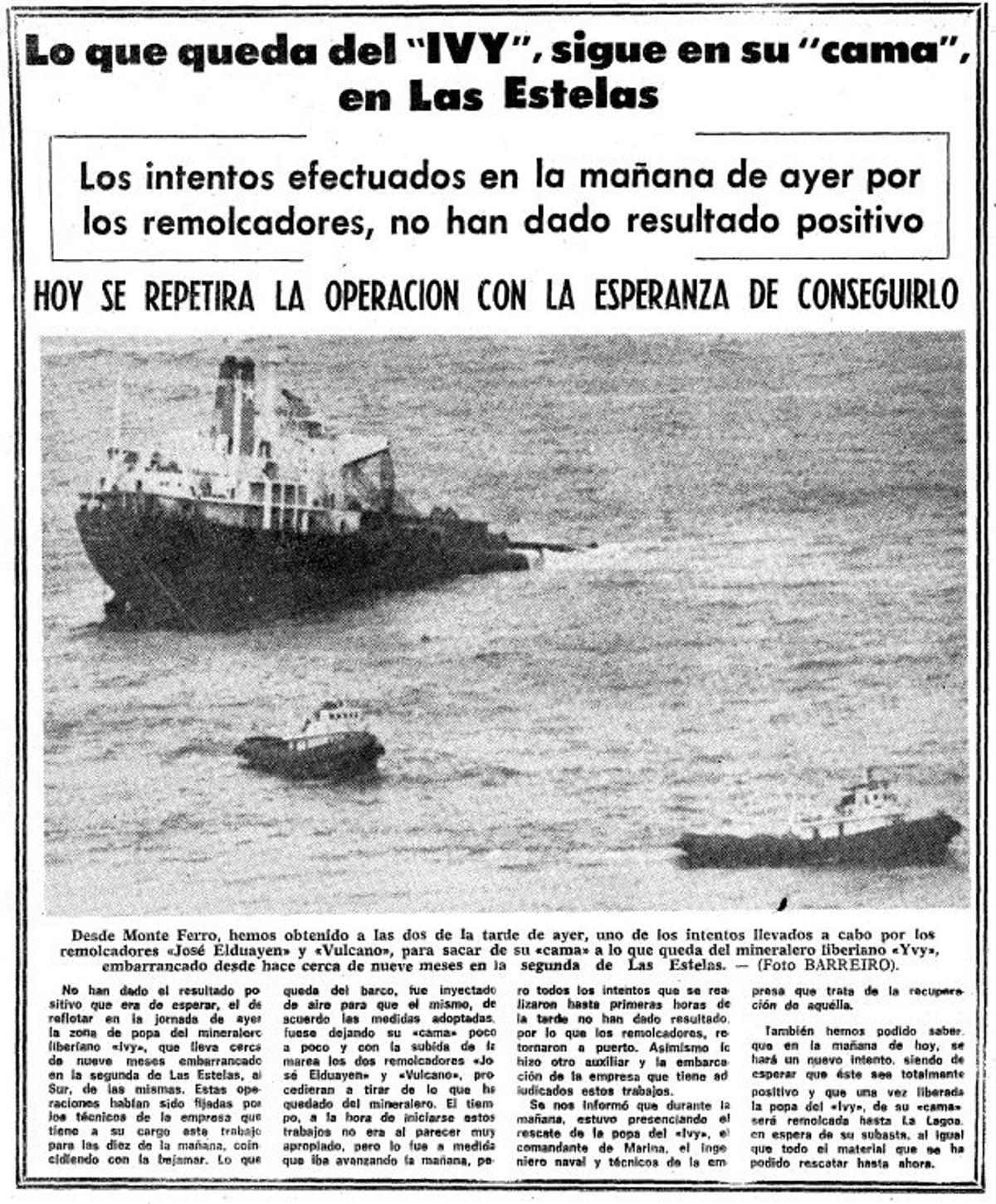 Noticia de FARO DE VIGO de 1976 del hundimiento del Ivy cerca de las Estelas