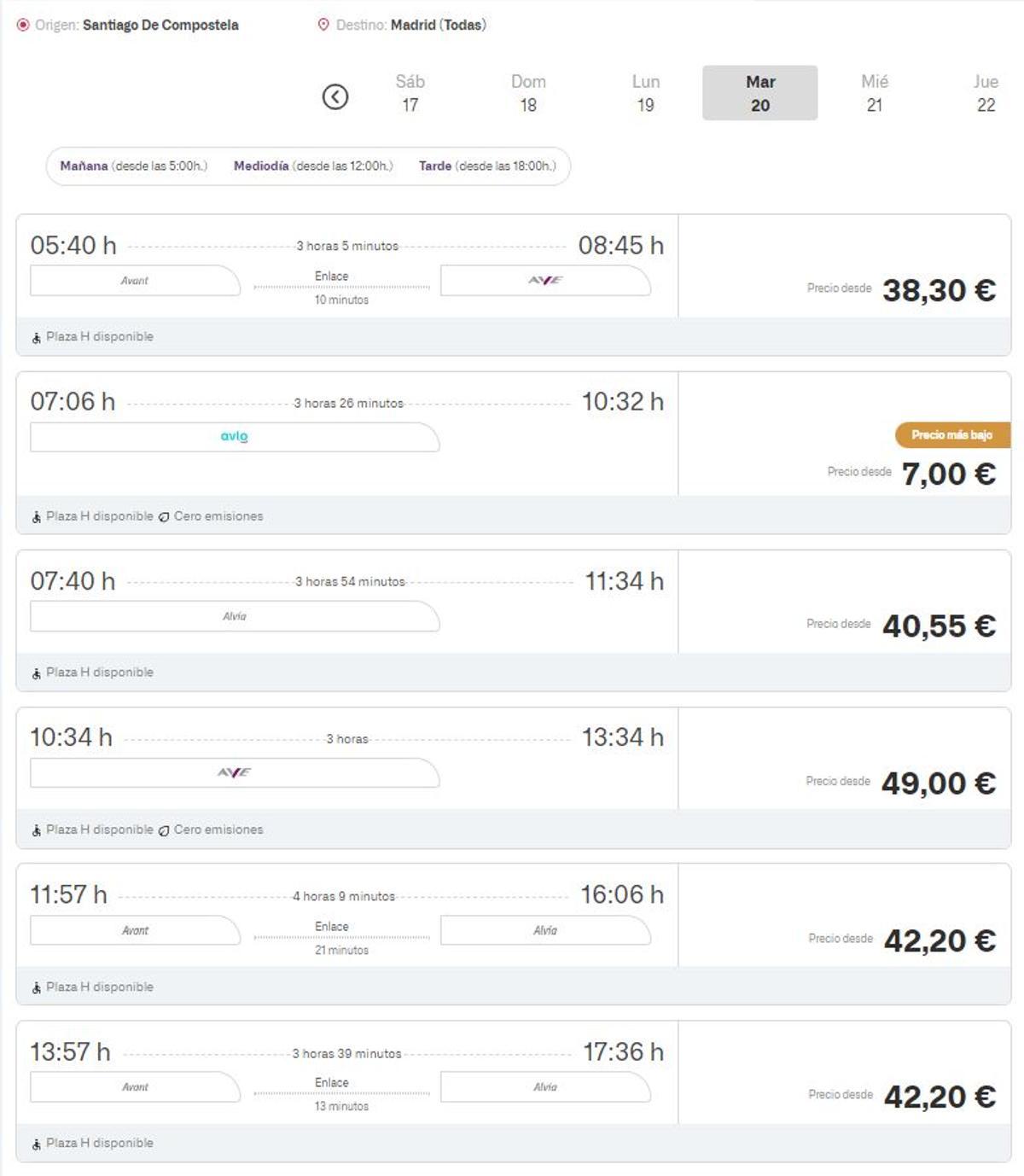 Captura de la aplicación de venta de Renfe para un viaje Santiago-Madrid