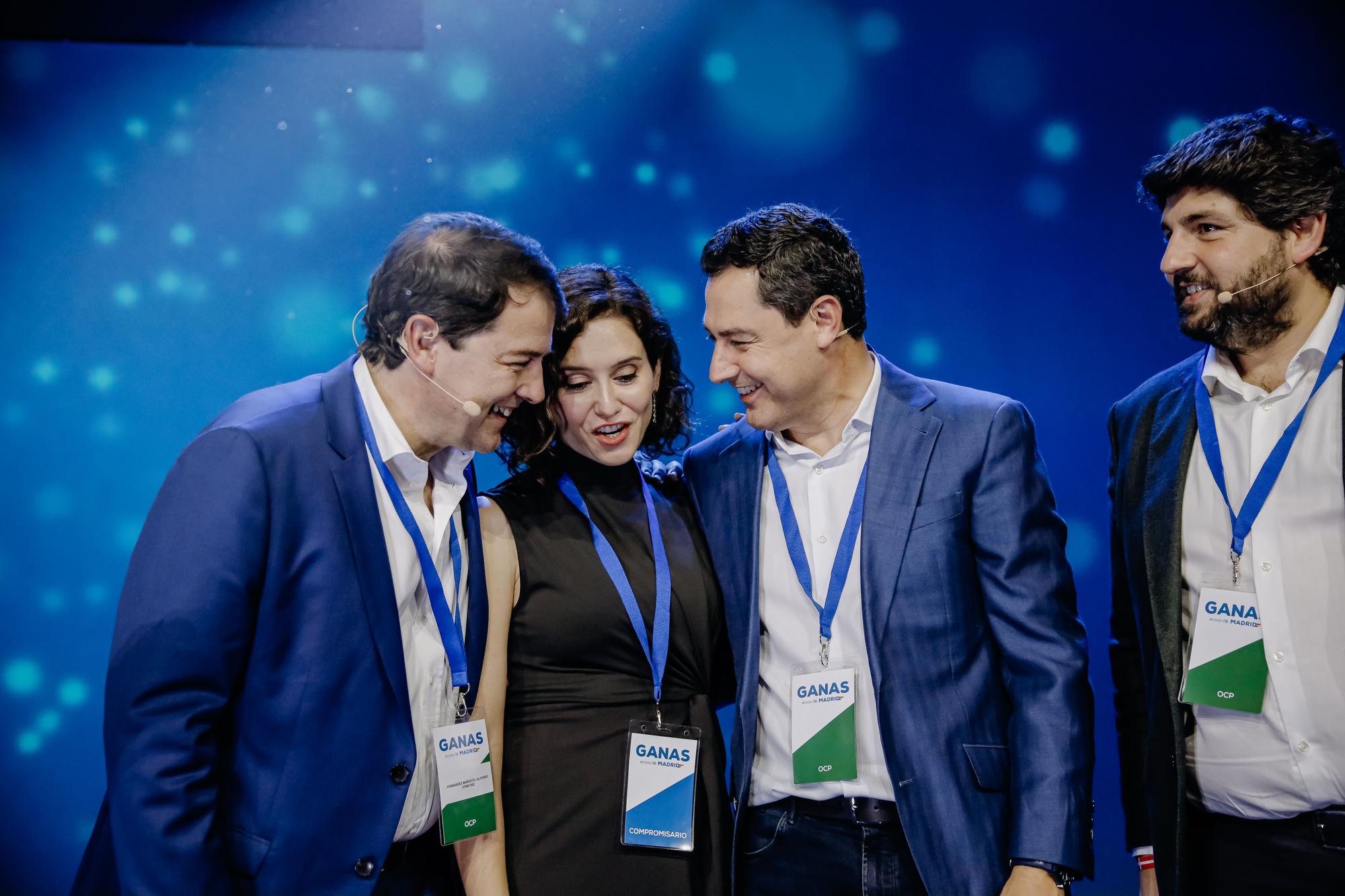 Isabel Díaz Ayuso y Alfonso Fernández Mañueco en la apertura del XVII Congreso Extraordinario PP de Madrid el pasado mes de abril, junto a Juanma Moreno y Fernando López Miras.