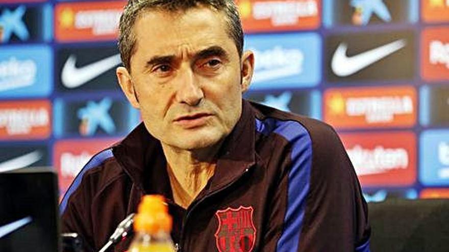 Ernesto Valverde durant la roda de premsa d&#039;ahir a la tarda.