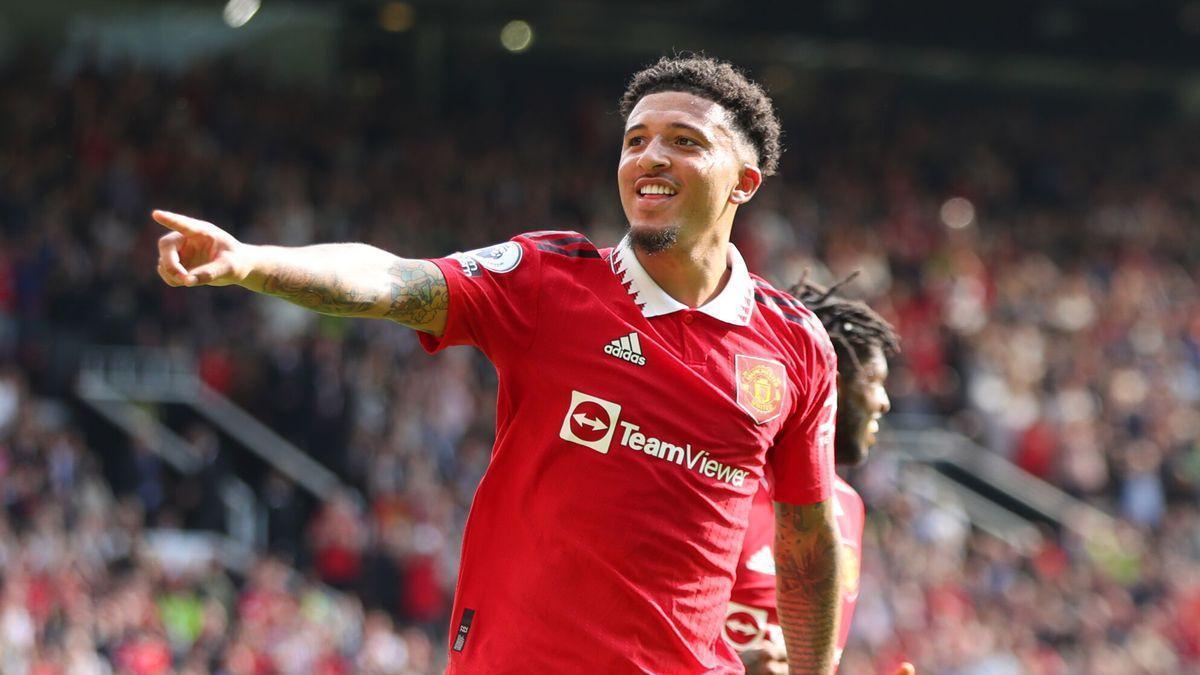 Sancho celebra un gol con el Manchester United