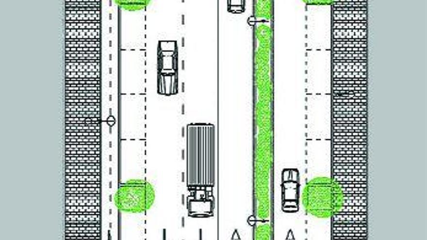 Sección aérea de los carriles de la Avenida Xosé Cuiña tras la ejecución del SUE-3, en el que se incluye una mediana para diferenciar los tráficos internos.