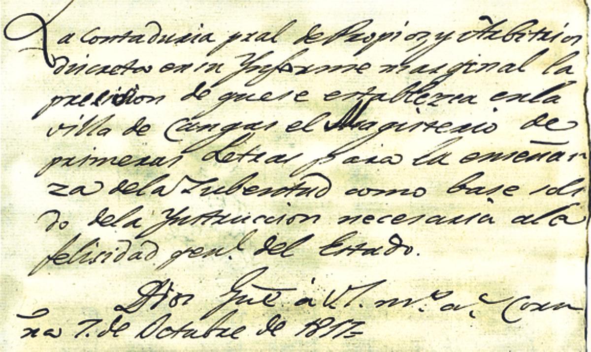 Concesión da primeira escola de Cangas en 1817.