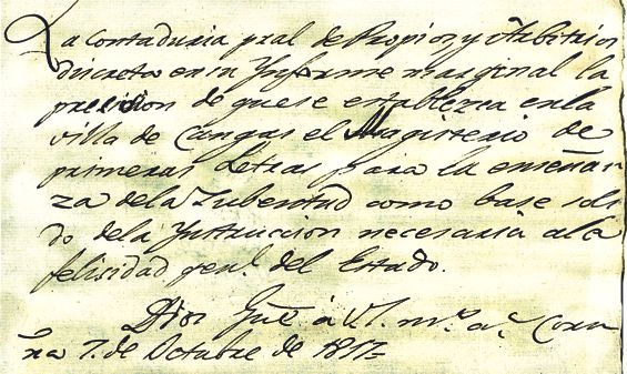 Concesión da primeira escola de Cangas en 1817.