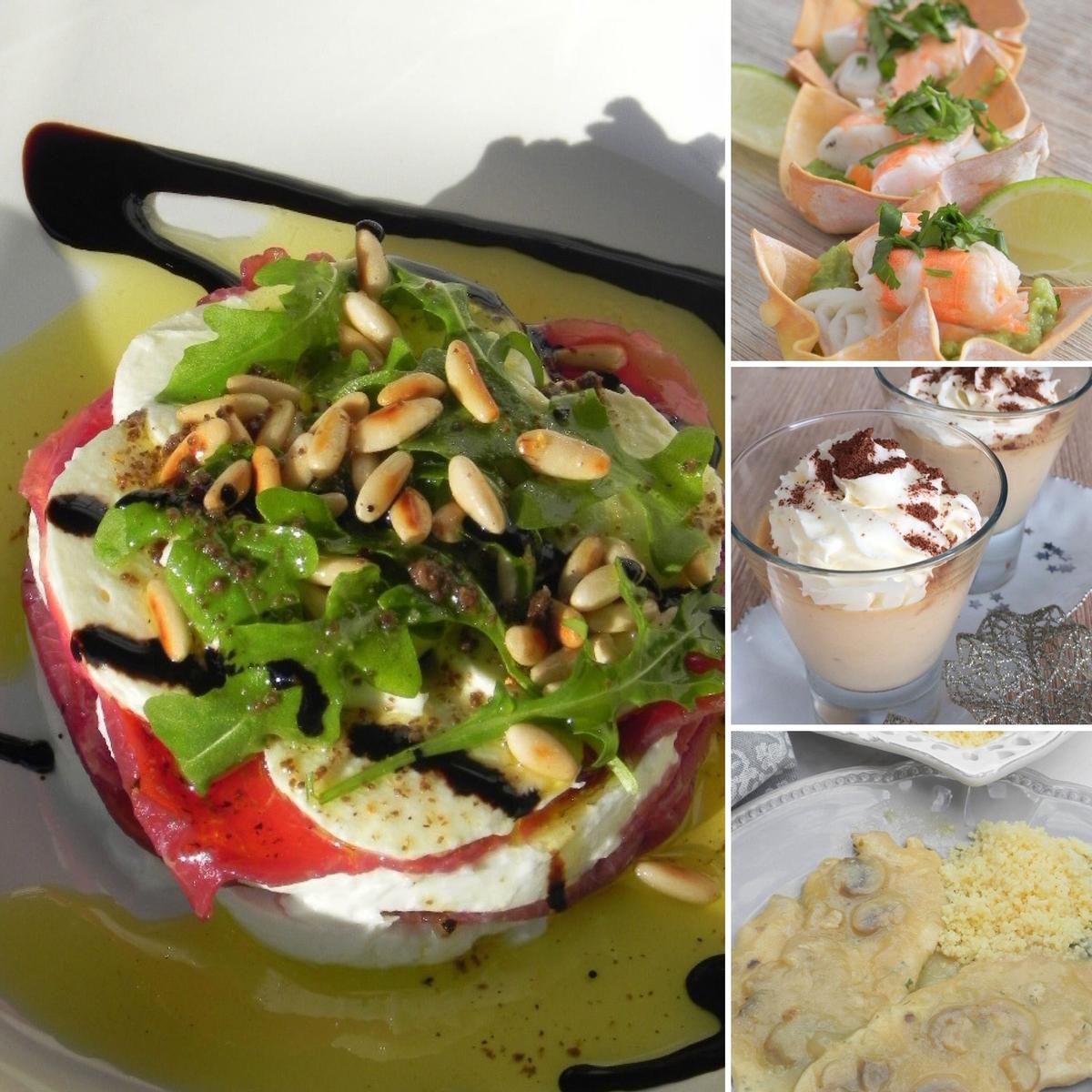 Menú Navideño 3: Cestitas de guacamole, cangrejo y langostinos, timbal de burrata y carpaccio, escalopines de pollo con salsa de champiñones y manzana y panna cotta de turrón