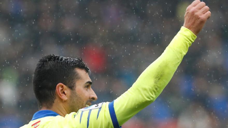 Gesto de celebración de Ángel Rodríguez después de marcar el único gol del Éibar-Getafe del pasado domingo.