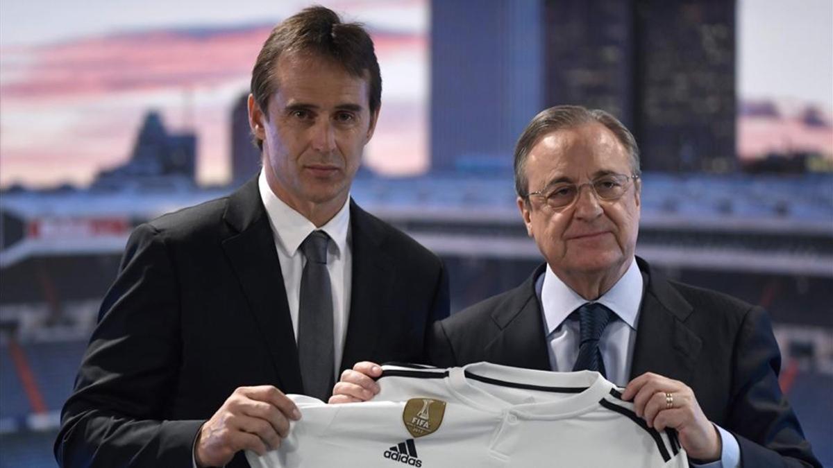 Florentino junto a Julen Lopetegui, en la presentación del vasco como nuevo entrenador del Real Madrid