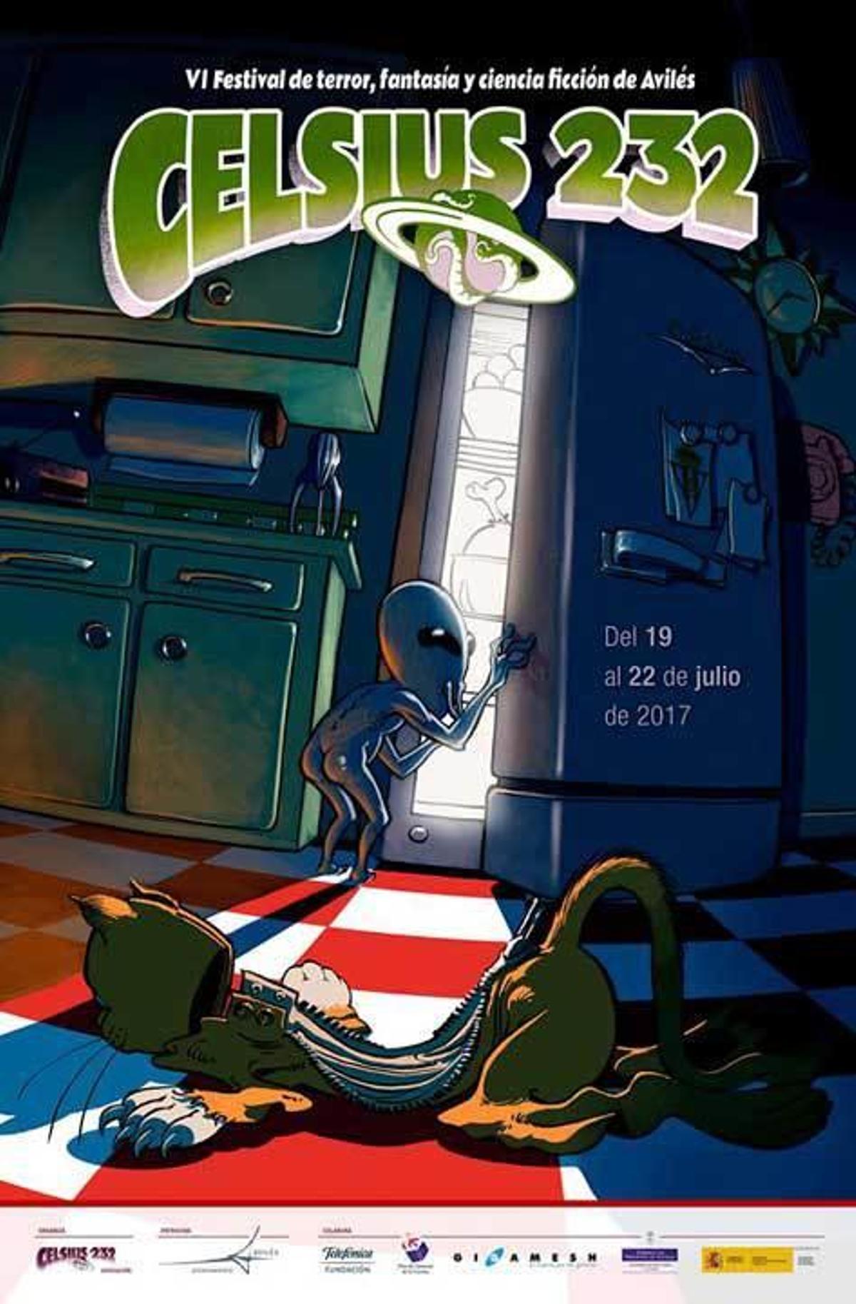 El cartel de la sexta edición del Festival Celsius 232. En el círculo, el escudo del Sporting, en la puerta de la nevera.