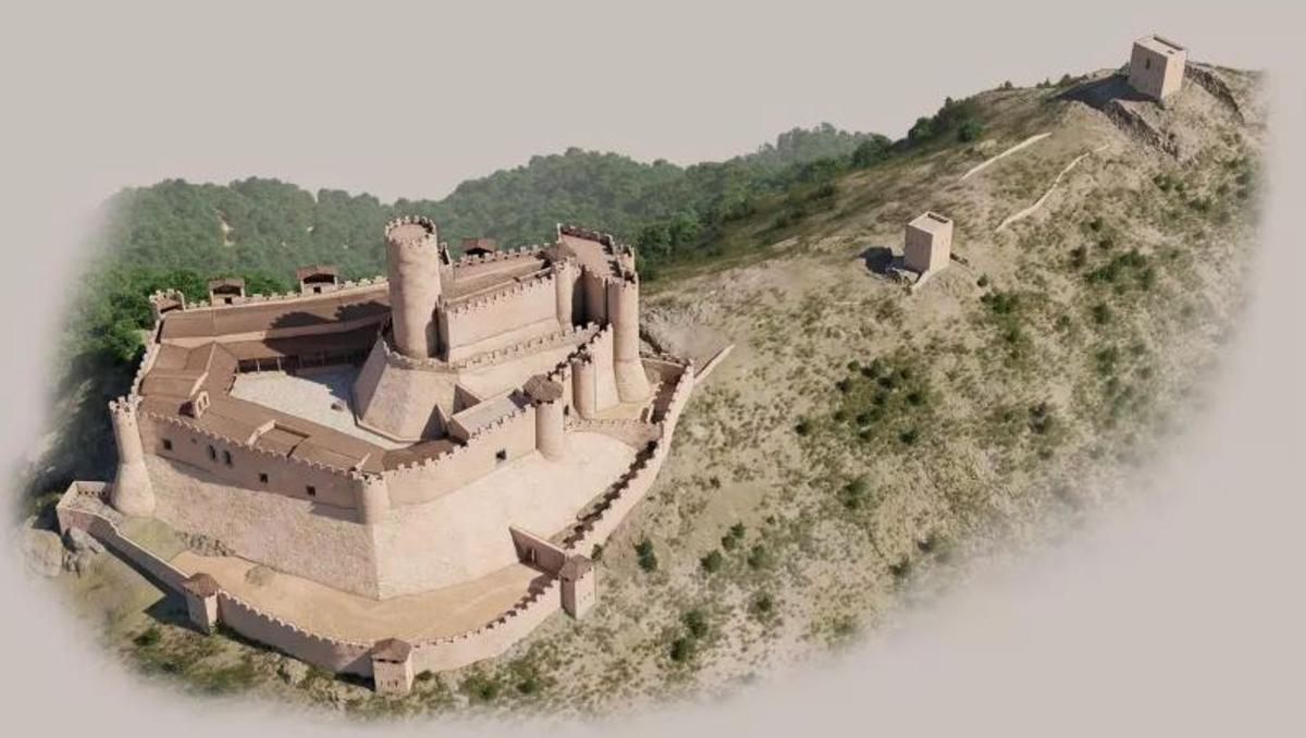 Vista general del castell de Montsoriu el segle XIV