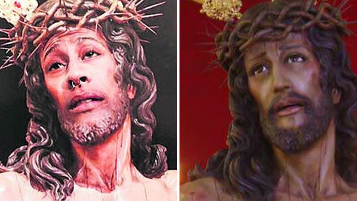 La imagen del Cristo Despojado con la cara de Danierl (izquierda) y la original.