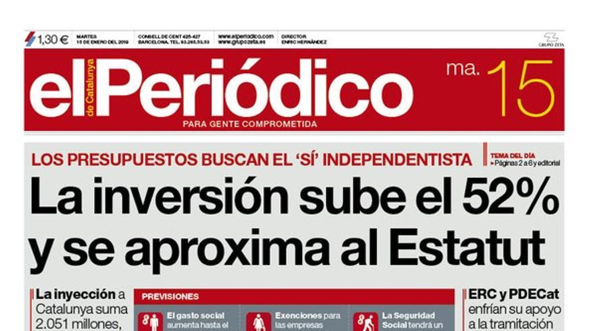 La portada de EL PERIÓDICO del 15 de enero del 2019