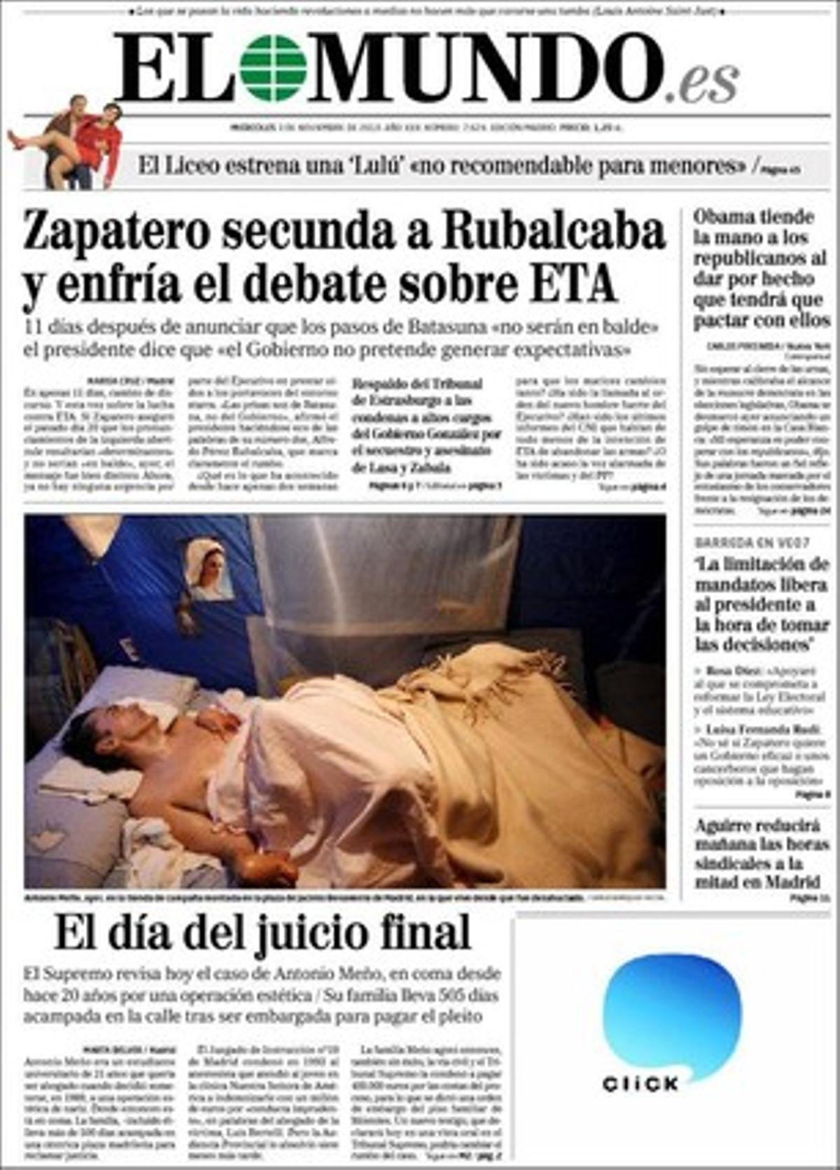 ’El Mundo’ també destaca a dins que Esperanza Aguirre aprovarà demà la seva tisorada sindical: reduirà les hores sindicals a la meitat a la seva administració, i amb aquesta mesura la Comunitat de Madrid eliminarà més de 2.000 alliberats; i els ’jocs fantasma’ de Camps i Urdangarin: l’oposició pregunta al president valencià què va passar amb els tres milions que es van entregar al duc de Palma.