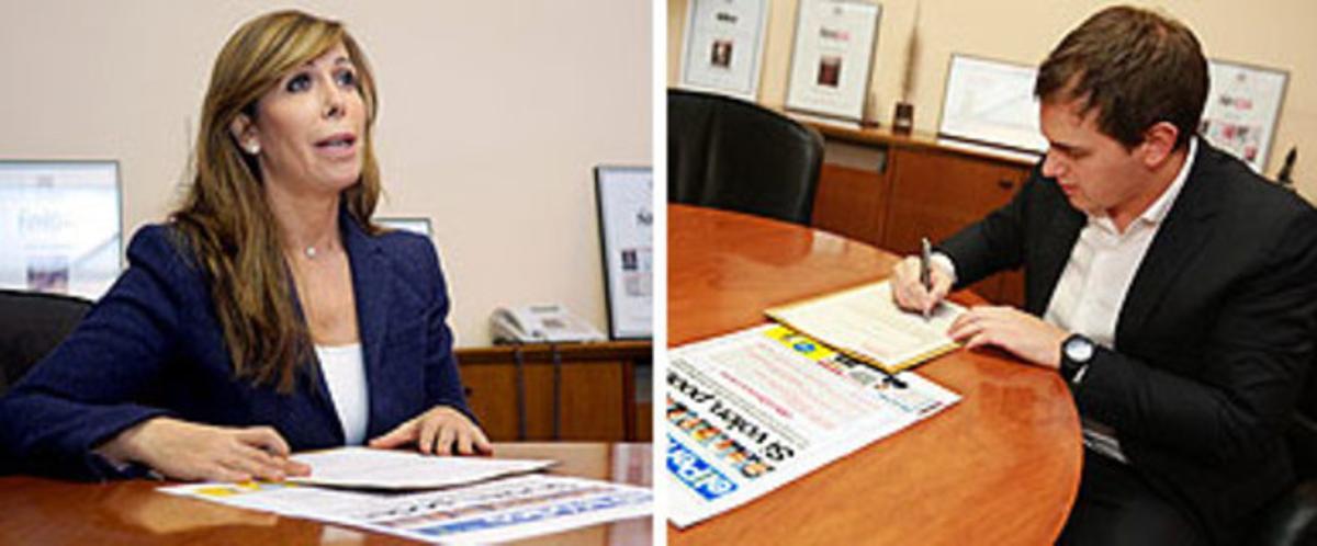 Alicia Sánchez-Camacho, del PPC, y Albert Rivera, de Ciutadans, firman el decálogo contra la corrupción, el martes en EL PERIÓDICO.
