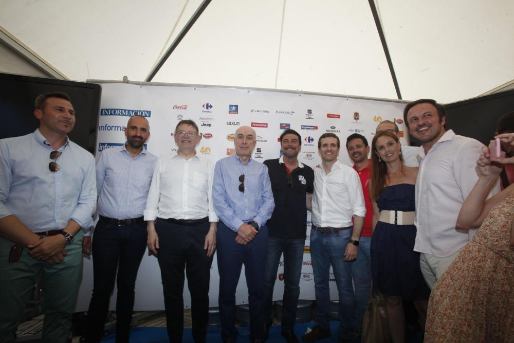 El vicepresidente de la Diputación, Alejandro Morant; el director de INFORMACIÓNTV Adrián Ivorra; el presidente de la Generalitat, el socialista Ximo Puig; el consejero delegado de Prensa Ibérica en la Comunidad, Juan Antonio López Ruiz de Zuazo;  el alcalde de Alicante, Luis Barcala; el candidato a la presidencia nacional del PP, Pablo Casado; José Juan Zaplana, vicesecretario regional del PP; la diputada Elisa Díaz; y Pablo Ruz, candidato del PP en Elche.