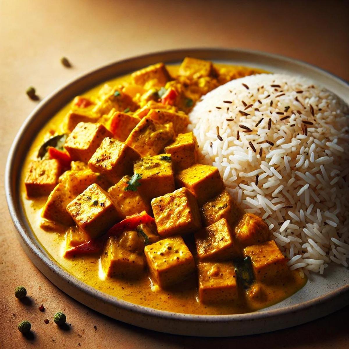 Tofu al curry con arroz basmati.