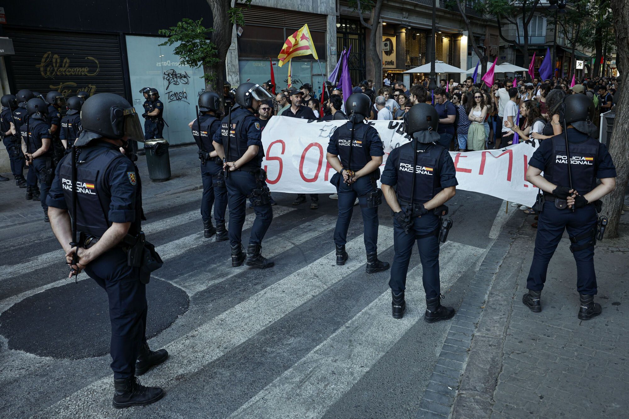 GRAFCVA7837. VALÈNCIA, 29/05/2025.- La séptima manifestación para pedir la dimisión del president de la Generalitat, Carlos Mazón, por su gestión de la dana del 29 de octubre, convocada por más de 200 entidades cívicas, sociales y sindicales, junto con las asociaciones de víctimas de la dana y los comités locales de emergencia y reconstrucción, reclama, en el día en el que se cumplen siete meses de la tragedia, "un trato digno para las personas afectadas, verdad y justicia". En la imagen la policiía impide a un grupo de personas dirigirse hasta la cabeza de la manifestación. EFE/Biel Aliño