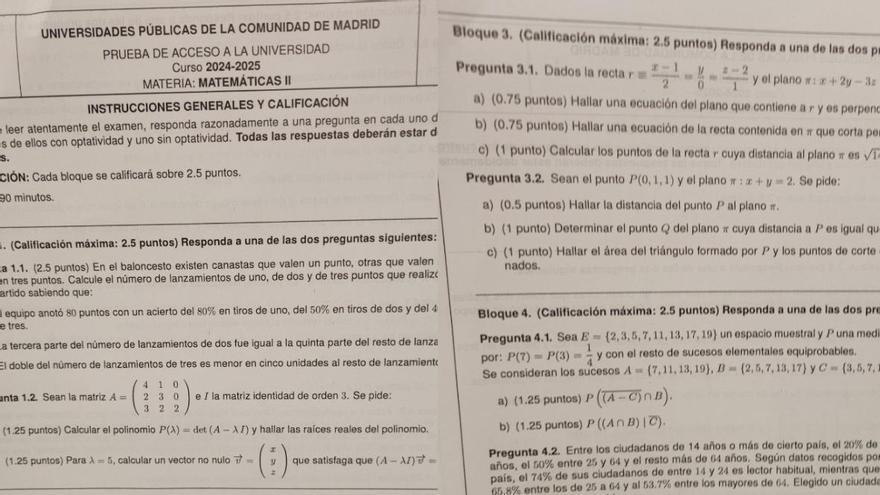 El polémico examen de Matemáticas II en la PAU de Madrid