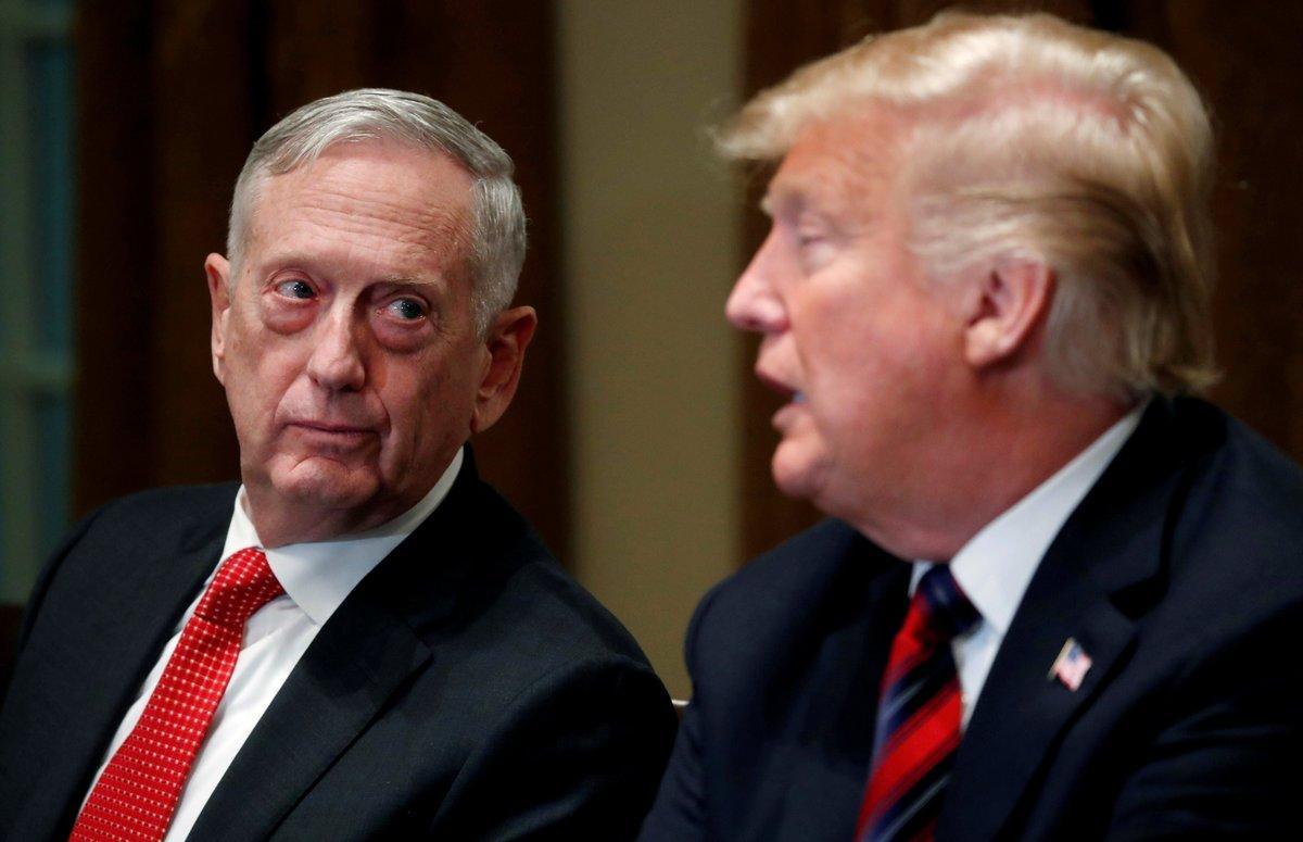 FILE PHOTO  U S  Defense Secretary James Mattis listens as U S  President Donald Trump speaks to the news media while gathering for a briefing from his senior military leaders in the Cabinet Room at the White House in Washington  U S   October 23  2018  REUTERS Leah Millis File Photo