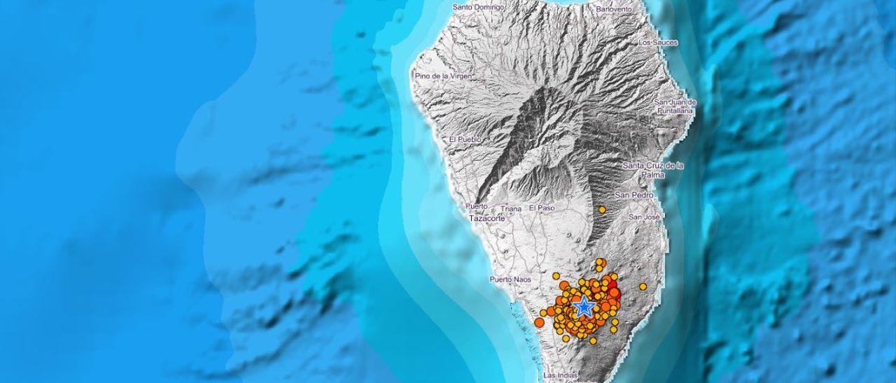 Localización de los terremotos registrados en La Palma durante los últimos tres días.