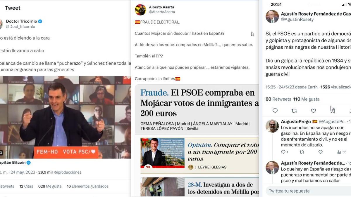 Bulos sobre un pucherazo el 28-M emitidos por cuentas de redes sociales con audiencia entre militares y guardias civiles el pasado 24 de mayo