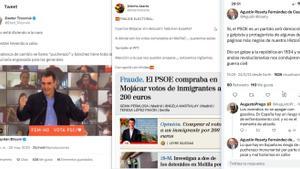 Bulos sobre un pucherazo el 28-M emitidos por cuentas de redes sociales con audiencia entre militares y guardias civiles el pasado 24 de mayo. A la derecha, dos mensajes emitidos por los generales fichados por Vox Agustín Rosety y Alberto Asarta.