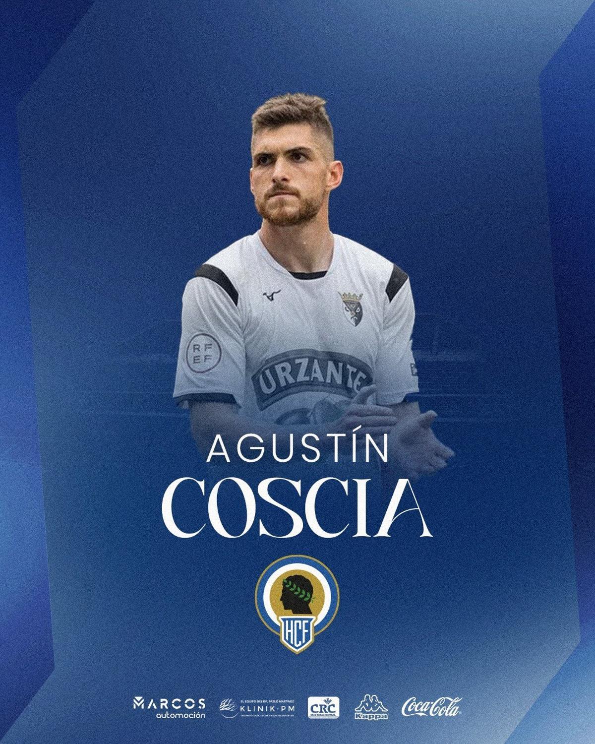Cartela oficial con el anuncio del fichaje del delantero Agustín Coscia por el Hércules.