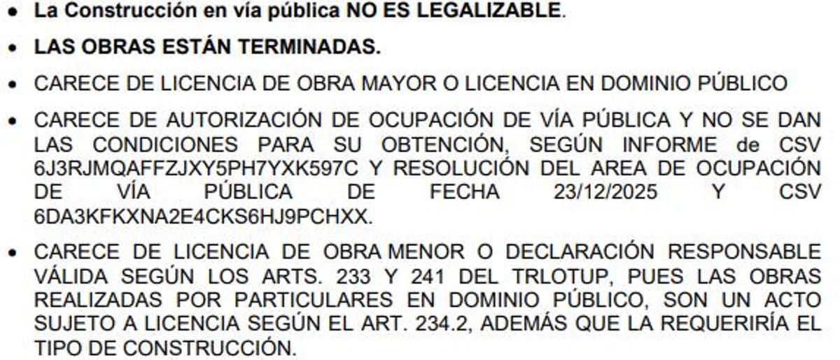 Extracto del informe de infracción urbanística de una arquitecto municipal