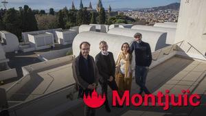 Encuentro de los máximos responsables de las instituciones culturales de Montjuic de izda a dcha Pepe Serra Director del MNAC, Marko Daniel director de la Fundació Miró, Anna Ramos Directora de la Fundación Mies van der Rohe y Joan Carlos Martel Director del Teatre Lliure en la terraza de la Fundació Miró.