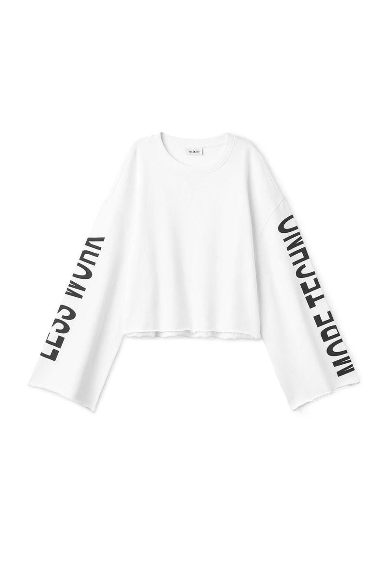 Sudadera blanca con texto 'Less work, more techno' de Weekday