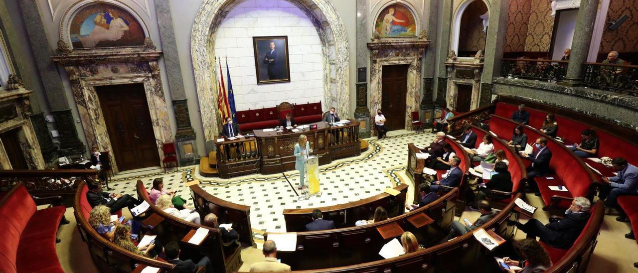 Vista cenital del hemiciclo municipal, en el pleno de ayer. | FRANCISCO CALABUIG