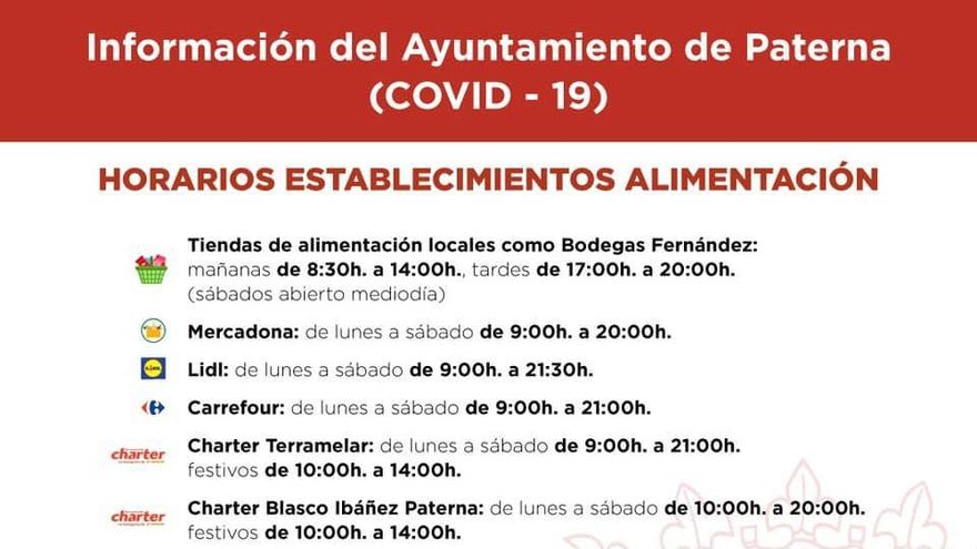 Paterna elabora un documento con los horarios de los supermercados