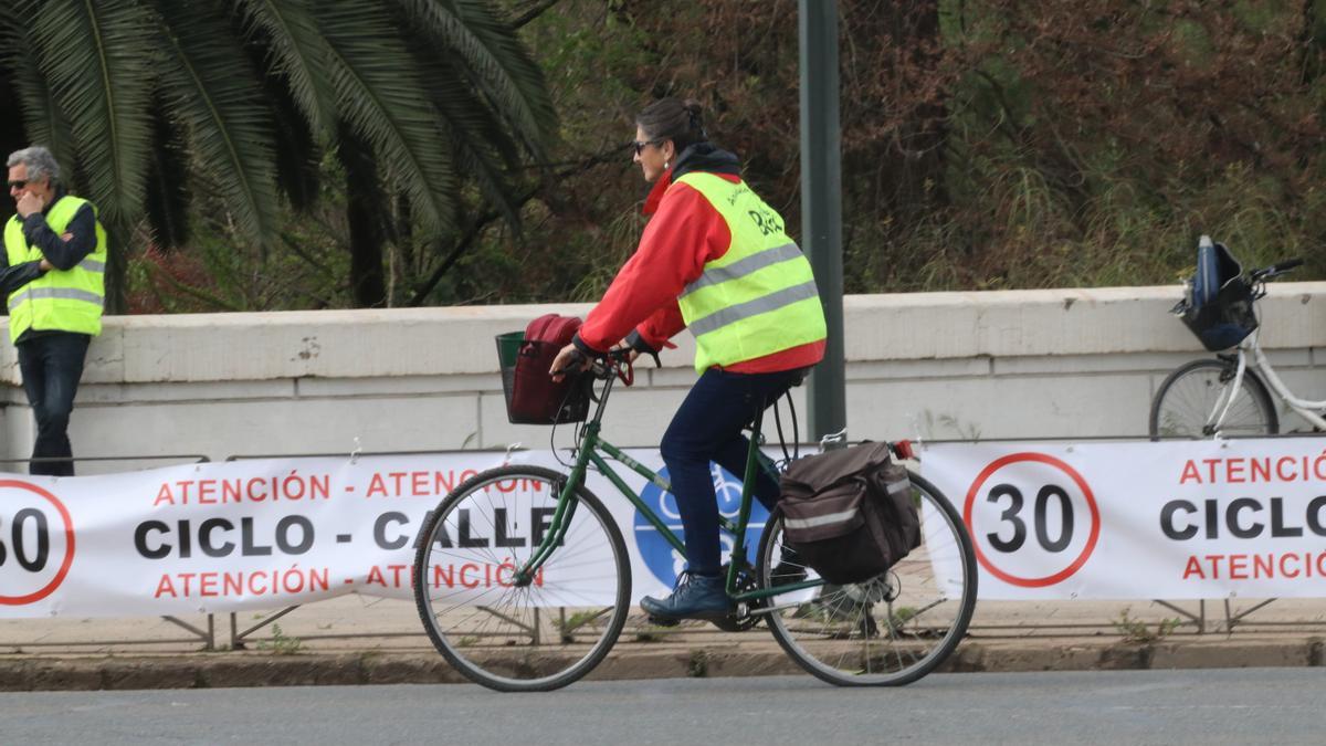 Un ciclista en la ciclocalle del Puente de San Rafael.