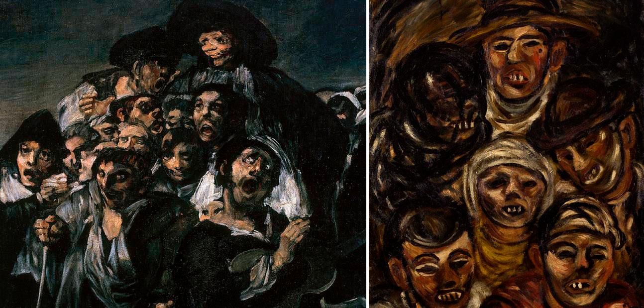 A la izquierda, una parte de la La Romería de San Isidro, que forma parte de las &quot;pinturas negras&quot; de Goya. A la derecha, Carnavalada, de Laxeiro en 1931