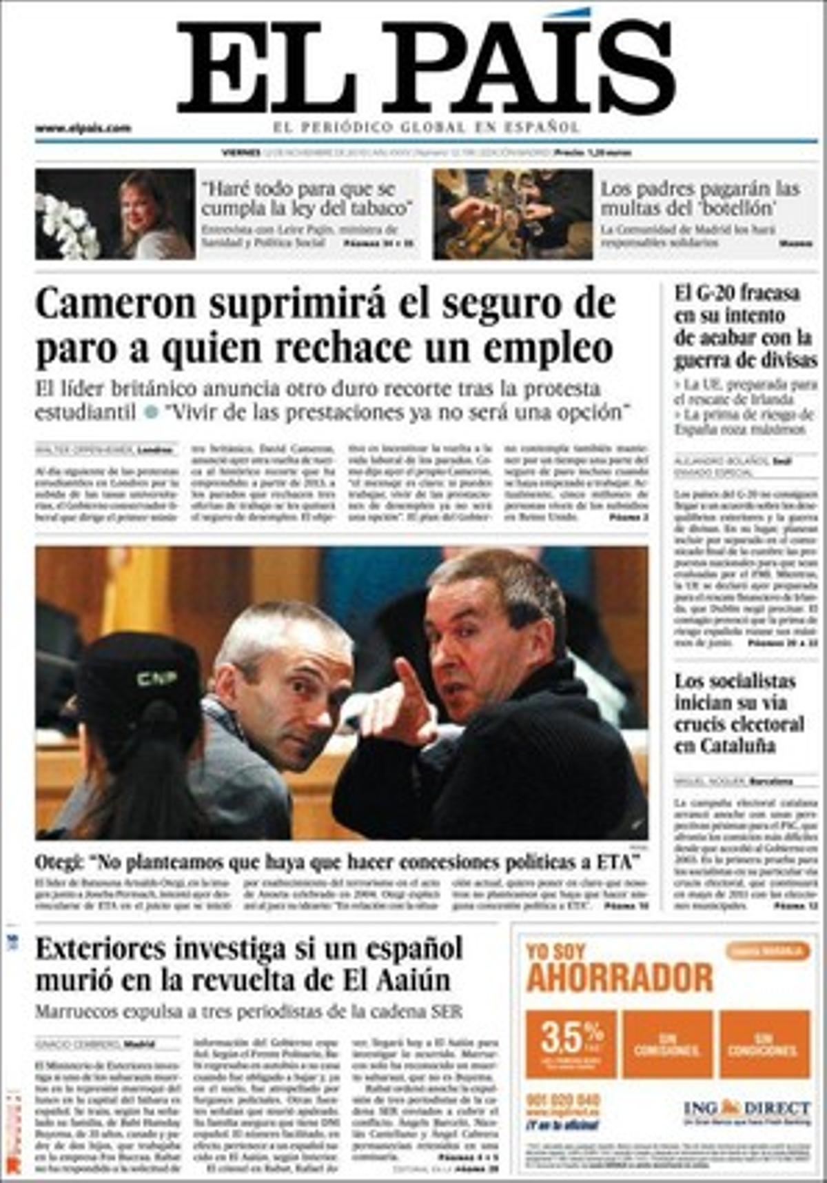 A les pàgines interiors ’El País’ també destaca que la UE té a punt el rescat d’Irlanda tot i que Dublín nega haver demanat ajuda, i entrevista Leire Pajín: Faré complir la llei del tabac amb els instruments de l’Estat.