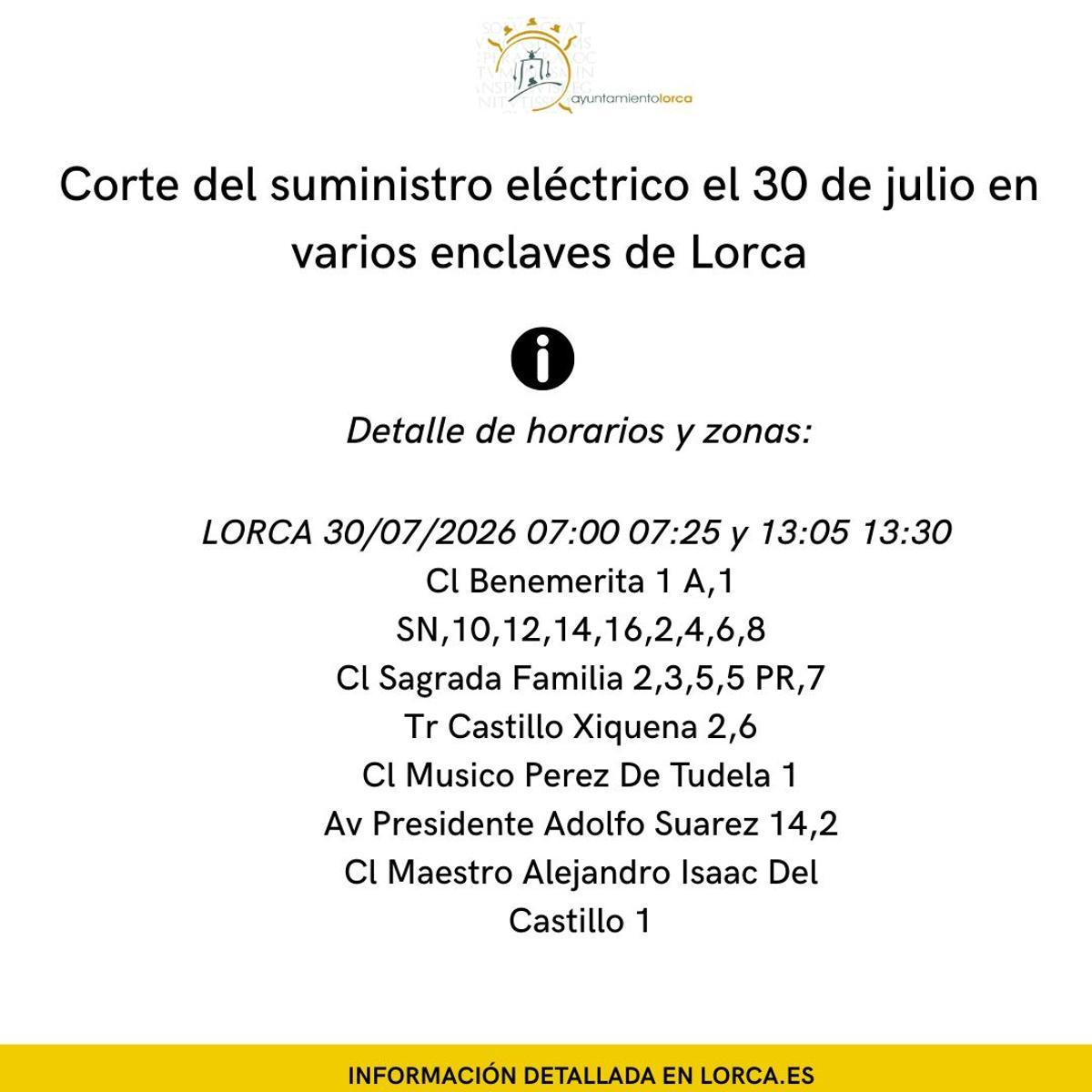 Cartel del Ayuntamiento donde se aclaran las zonas afectadas por los cortes de luz.